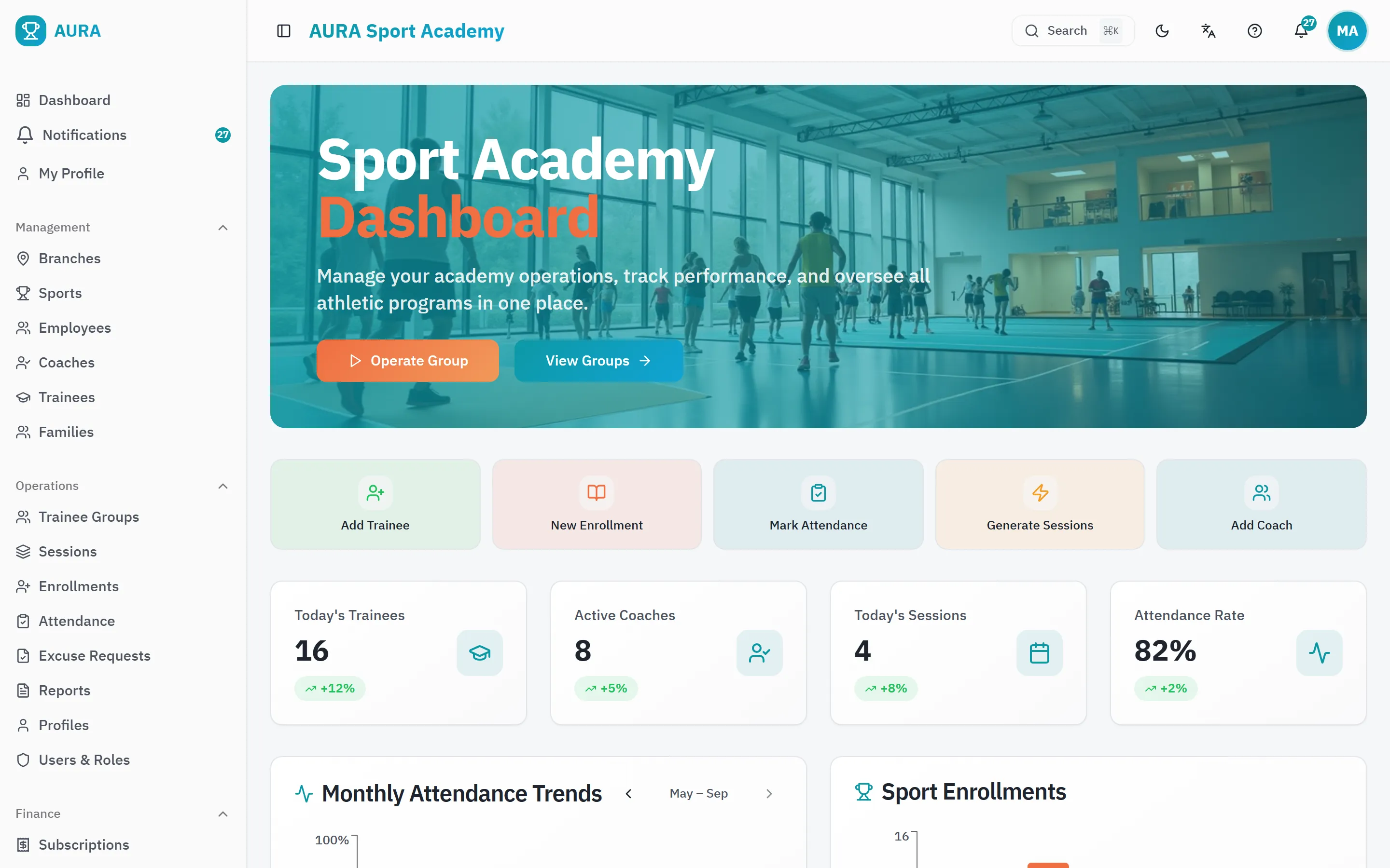 AURA dashboard: today's sessions, attendance rate and enrollments by sport