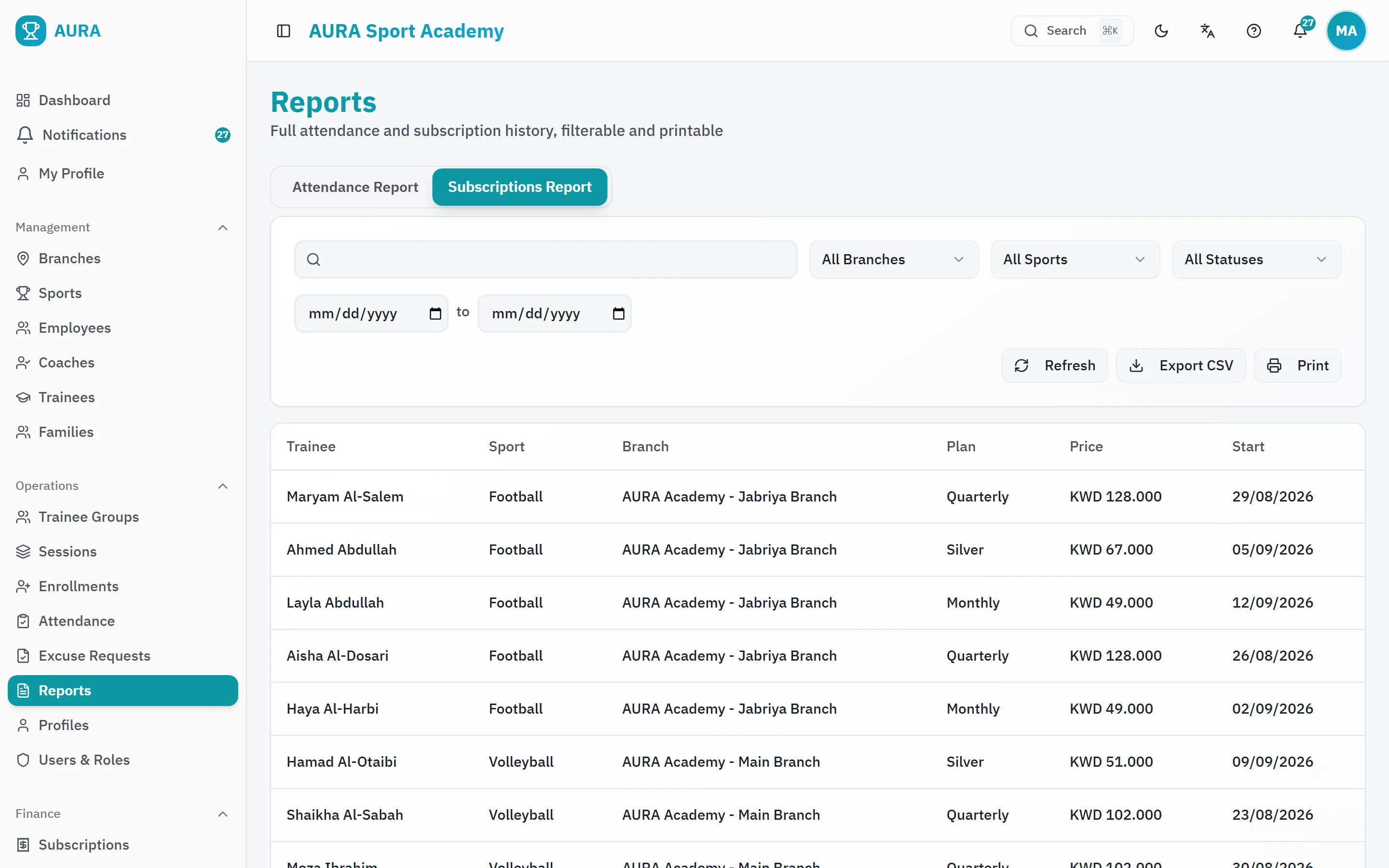 Reports view with attendance and financial charts