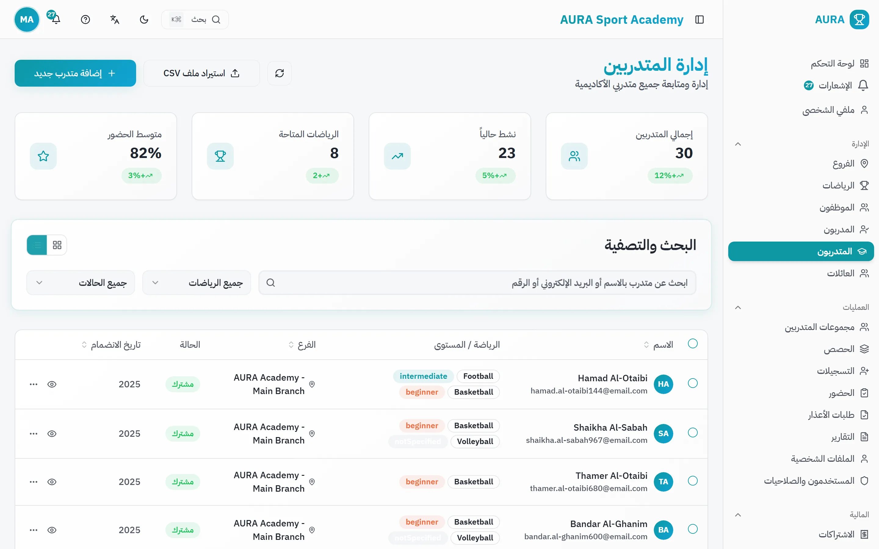 قائمة المتدربين مع البحث والتصفية والحالة لكل الفروع